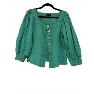 J Crew green linen women's button down jacket puff 3/4 length sleeve sz XS #1632